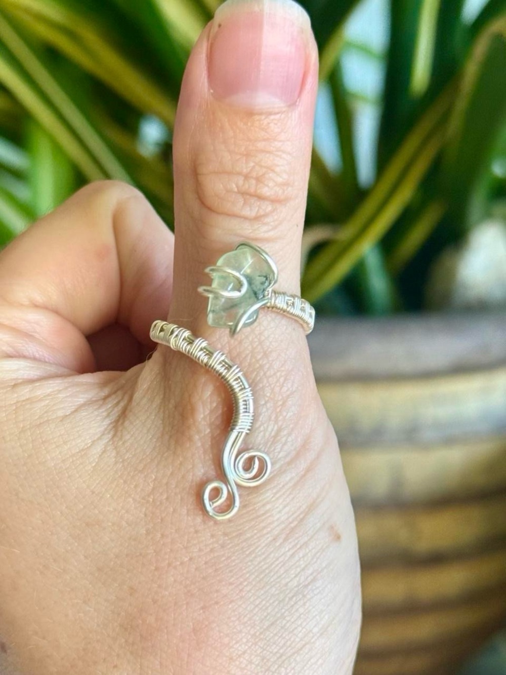 Handmade prehnite wire wrapped ring